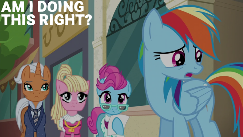 Size: 2000x1125 | Tagged: safe, derpibooru import, edit, edited screencap, editor:quoterific, screencap, bleeding heart, blue bobbin, rainbow dash, starke kragen, the saddle row review, image, png