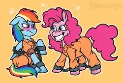 Size: 3695x2500 | Tagged: safe, artist:manticorpse, derpibooru import, pinkie pie, rainbow dash, blushing, bound wings, chained, chains, clothes, image, never doubt rainbowdash69's involvement, png, prison outfit, prisoner pp, prisoner rd, shackles, varying degrees of want, wings
