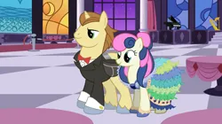 Size: 750x421 | Tagged: safe, artist:3d4d, derpibooru import, bon bon, donut joe, sweetie drops, earth pony, pony, unicorn, bonjoe, clothes, dress, female, gala, gala dress, image, jpeg, male, mare, shipping, stallion, straight