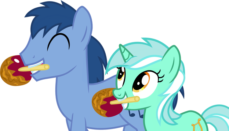 Size: 750x428 | Tagged: safe, artist:speedthunder, derpibooru import, blues, lyra heartstrings, noteworthy, earth pony, pony, unicorn, apple, caramel apple (food), eyes closed, female, food, image, lyraworthy, male, mare, png, shipping, simple background, stallion, straight, transparent background, vector