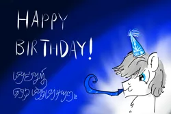 Size: 4200x2800 | Tagged: safe, artist:horsesplease, derpibooru import, double diamond, birthday, constructed language, doodle, happy birthday, hat, image, party hat, party horn, png, rabydosverse, vovtarla, vovtarlan