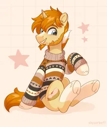 Size: 1920x2286 | Tagged: safe, artist:skysorbett, derpibooru import, oc, oc:lingonberry eclair, unofficial characters only, pony, unicorn, beard, clothes, facial hair, horn, image, male, png, sitting, smiling, solo, stallion, sweater, underhoof, unicorn oc