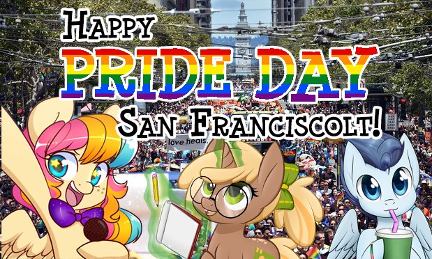 Size: 619x372 | Tagged: safe, ponerpics import, ponybooru import, oc, oc:copper chip, oc:golden gates, oc:silver span, babscon, image, jpeg, mascot, pride, pride month, san francisco, united states