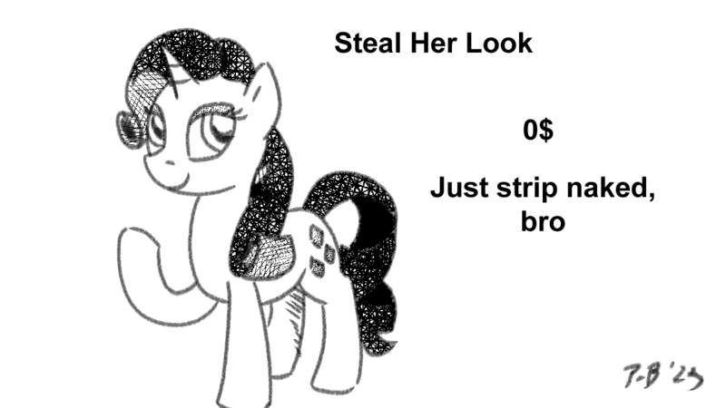 Size: 1200x675 | Tagged: safe, artist:pony-berserker, derpibooru import, rarity, image, meme, meme reference, png, pony-berserker's twitter sketches, pony-berserker's twitter sketches (2023), steal her look