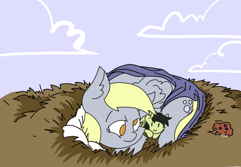 Size: 3508x2427 | Tagged: safe, artist:ponny, derpibooru import, derpy hooves, oc, oc:anonfilly, earth pony, pegasus, pony, behaving like a bird, blanket, colored, female, filly, foal, image, nest, nesting instinct, pillow, png, smiling