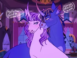 Size: 1032x774 | Tagged: safe, artist:s0ftserve, night light, twilight velvet, pony, unicorn, alternate design, blushing, couple, curved horn, female, horn, image, jpeg, looking at each other, male, mare, nightvelvet, shipping, stallion, story included, straight, text