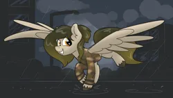 Size: 3840x2160 | Tagged: safe, artist:cadetredshirt, derpibooru import, oc, pegasus, pony, clothes, commission, dancing, digital art, hair bun, image, looking at you, png, rain, simple background, smiling, solo, spread wings, sweater, tail, two toned mane, two toned tail, unshorn fetlocks, wings