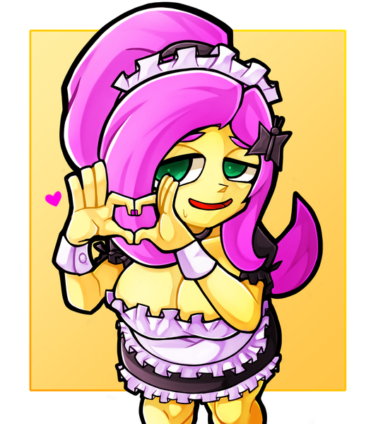 Size: 1350x1543 | Tagged: suggestive, artist:kyouman1010, derpibooru import, fluttershy, human, equestria girls, breasts, clothes, heart, image, jpeg, looking at you, maid, open mouth, smiling, solo