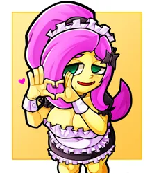 Size: 1350x1543 | Tagged: suggestive, artist:kyouman1010, derpibooru import, fluttershy, human, equestria girls, breasts, clothes, heart, image, jpeg, looking at you, maid, open mouth, smiling, solo