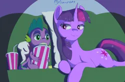 Size: 3250x2150 | Tagged: safe, artist:fly over, derpibooru import, spike, twilight sparkle, dragon, pony, unicorn, drink, female, food, frightened, image, male, mare, night, pillow, png, popcorn, scared, smiling, unicorn twilight, wholesome