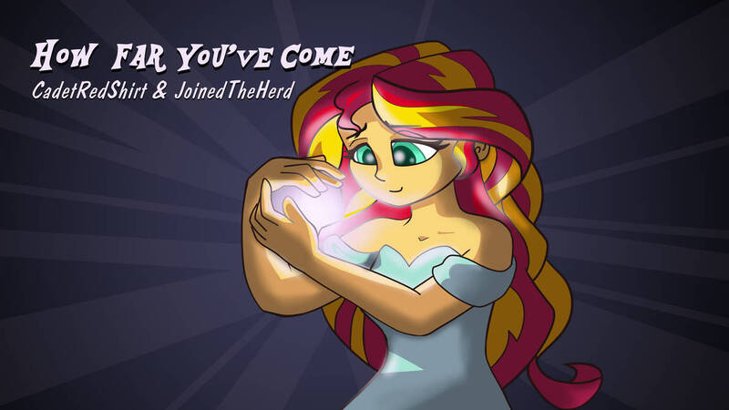 Size: 1192x670 | Tagged: safe, artist:cadetredshirt, derpibooru import, sunset shimmer, human, equestria girls, clothes, digital art, dress, glow, image, jpeg, shading, simple background, smiling, solo, thumbnail, two toned hair