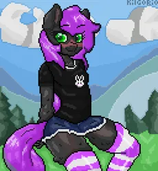 Size: 1280x1390 | Tagged: safe, artist:kilgorio, derpibooru import, oc, oc:lucy violetmane, unofficial characters only, anthro, earth pony, pony, anthro oc, aseprite, clothes, denim, denim shorts, detailed background, earth pony oc, femboy, full body, green eyes, image, looking at you, male, pixel art, png, purple hair, shorts, socks, solo, stallion, striped socks, thigh highs