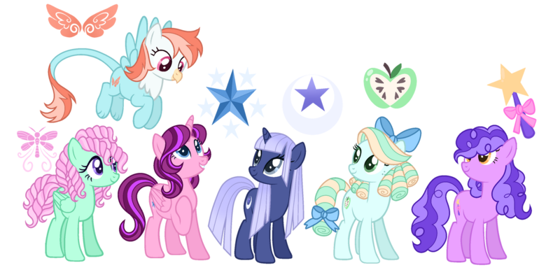 Size: 1280x617 | Tagged: safe, artist:s0ftserve, oc, oc:dragonfly song, oc:evening star, oc:magic wand, oc:moonstone luster, oc:orchard ballad, oc:sky streak, alicorn, earth pony, hippogriff, hybrid, pegasus, pony, unicorn, adoptable, base used, cutie mark, female, image, interspecies offspring, magical lesbian spawn, mare, next generation, offspring, parent:applejack, parent:fluttershy, parent:gilda, parent:pinkie pie, parent:princess luna, parent:rainbow dash, parent:rarity, parent:sci-twi, parent:sunset shimmer, parent:tree hugger, parent:twilight sparkle, parents:flutterhugger, parents:gildash, parents:rarijack, parents:rariluna, parents:scitwishimmer, parents:twinkie, png, simple background, transparent background