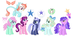 Size: 1280x617 | Tagged: safe, artist:s0ftserve, oc, oc:dragonfly song, oc:evening star, oc:magic wand, oc:moonstone luster, oc:orchard ballad, oc:sky streak, alicorn, earth pony, hippogriff, hybrid, pegasus, pony, unicorn, adoptable, base used, cutie mark, female, image, interspecies offspring, magical lesbian spawn, mare, next generation, offspring, parent:applejack, parent:fluttershy, parent:gilda, parent:pinkie pie, parent:princess luna, parent:rainbow dash, parent:rarity, parent:sci-twi, parent:sunset shimmer, parent:tree hugger, parent:twilight sparkle, parents:flutterhugger, parents:gildash, parents:rarijack, parents:rariluna, parents:scitwishimmer, parents:twinkie, png, simple background, transparent background