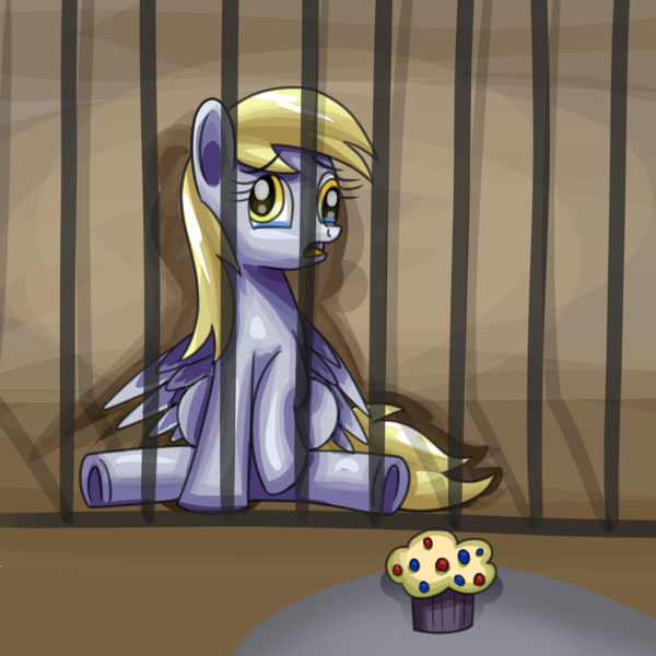 Size: 1920x1920 | Tagged: safe, artist:platinumdrop, derpibooru import, derpy hooves, pegasus, pony, abuse, alone, commission, cruel and unusual punishment, crying, cute, derpybuse, female, food, image, imprisoned, jail cell, mare, muffin, open mouth, png, prisoner, raised hoof, sad, sadorable, sitting, solo, table, tears of sadness, teary eyes, wings, wings down