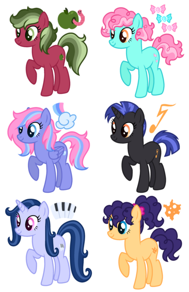 Size: 828x1273 | Tagged: safe, artist:s0ftserve, oc, oc:calliope, oc:misty prism, oc:shockwave, oc:sour apple, oc:swiss shield, oc:taffy sweet, earth pony, pegasus, pony, unicorn, adoptable, cutie mark, image, magical gay spawn, magical lesbian spawn, next generation, offspring, parent:big macintosh, parent:cheese sandwich, parent:clear sky, parent:flash sentry, parent:lyra heartstrings, parent:octavia melody, parent:pinkie pie, parent:quibble pants, parent:rainbow dash, parent:thunderlane, parent:trixie, parent:vinyl scratch, parents:cheeseflash, parents:cleardash, parents:lyrapie, parents:quibblemac, parents:trixtavia, parents:vinylane, png