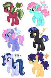 Size: 828x1273 | Tagged: safe, artist:s0ftserve, oc, oc:calliope, oc:misty prism, oc:shockwave, oc:sour apple, oc:swiss shield, oc:taffy sweet, earth pony, pegasus, pony, unicorn, adoptable, cutie mark, image, magical gay spawn, magical lesbian spawn, next generation, offspring, parent:big macintosh, parent:cheese sandwich, parent:clear sky, parent:flash sentry, parent:lyra heartstrings, parent:octavia melody, parent:pinkie pie, parent:quibble pants, parent:rainbow dash, parent:thunderlane, parent:trixie, parent:vinyl scratch, parents:cheeseflash, parents:cleardash, parents:lyrapie, parents:quibblemac, parents:trixtavia, parents:vinylane, png