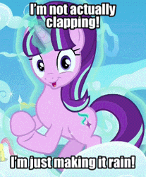Size: 304x367 | Tagged: safe, edit, edited screencap, editor:undeadponysoldier, ponerpics import, ponybooru import, screencap, fluttershy, starlight glimmer, pony, unicorn, the cutie re-mark, 8^v, clapping, cloudsdale, cute, female, floating, gif, glimmerbetes, glowing horn, happy, horn, image, levitation, looking at you, magic, make it rain, mare, meme, solo, starlight says bravo, talking to viewer, telekinesis
