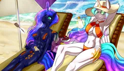 Size: 1785x1023 | Tagged: suggestive, artist:fluffyorbiter, derpibooru import, princess celestia, princess luna, alicorn, anthro, pony, abs, alcohol, arm behind head, bacon, banana, beach, beach chair, beach tent, belly button, big breasts, bikini, breasts, busty princess celestia, busty princess luna, cake, chair, clothes, cocktail, cocktail glass, drink, duo, duo female, empty eyes, eyes closed, eyes open, female, food, fried egg, glasses, hat, heat, horn, hot, huge breasts, image, long hair, lying down, magic, magic aura, meat, muscles, muscular female, ocean, orange, plate, png, potato, princess muscle moona, sand, sexy, shore, smiling, spatula, spoon, stupid sexy celestia, stupid sexy princess luna, summer, sun, sun hat, sunbathing, sunglasses, sweat, sweatdrop, swimsuit, tail, telekinesis, tomato, water, wave, wet, wings