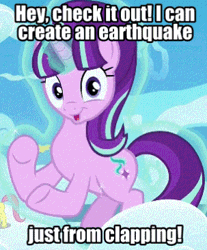 Size: 303x366 | Tagged: safe, edit, edited screencap, editor:undeadponysoldier, ponerpics import, ponybooru import, screencap, starlight glimmer, pony, unicorn, the cutie re-mark, 8^v, animated, cloudsdale, cute, earthquake, female, floating, gif, glimmerbetes, glowing horn, happy, horn, image, levitation, looking at you, magic, mare, meme, solo, starlight says bravo, talking to viewer, telekinesis, text, vibrating