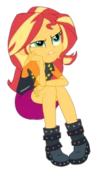 Size: 1900x3633 | Tagged: safe, artist:gmaplay, derpibooru import, sunset shimmer, equestria girls, equestria girls series, forgotten friendship, boots, clothes, image, png, shoes, simple background, sitting, solo, sunset shimmer is not amused, transparent background, unamused