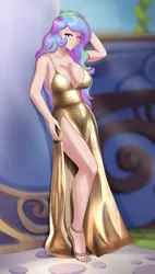 Size: 1167x2048 | Tagged: suggestive, artist:thebrokencog, derpibooru import, princess celestia, human, beautiful, big breasts, breasts, busty princess celestia, clothes, cog's glamour girls, commission, dress, ear piercing, earring, elegant, eyeshadow, female, gown, hand on head, hand on hip, humanized, image, jewelry, leaning on wall, looking at you, makeup, piercing, png, sandals, side slit, solo