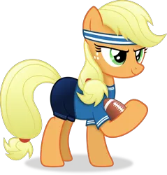 Size: 3858x4030 | Tagged: safe, artist:anime-equestria, derpibooru import, applejack, earth pony, pony, american football, clothes, female, football, headband, holding, image, mare, png, ponytail, shorts, simple background, smiling, solo, sports, transparent background, vector