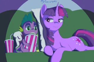 Size: 3250x2150 | Tagged: safe, artist:fly over, derpibooru import, spike, twilight sparkle, dragon, pony, unicorn, cute, drink, female, food, frightened, image, male, mare, night, pillow, png, popcorn, scared, smiling, unicorn twilight, wholesome