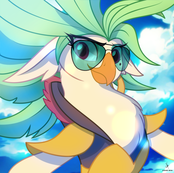Size: 2264x2244 | Tagged: safe, artist:zidanemina, derpibooru import, edit, captain celaeno, anthro, avian, my little pony: the movie, armor, blue sky, bust, cloud, ear piercing, earring, image, jewelry, piercing, pirate, png, portrait, smiling, solo, sunglasses