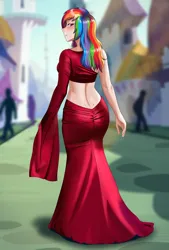 Size: 1384x2048 | Tagged: safe, artist:thebrokencog, derpibooru import, rainbow dash, human, equestria girls, backless, beautiful, butt, clothes, cog's glamour girls, commission, dress, elegant, female, gown, humanized, image, long sleeves, looking at you, looking back, looking back at you, looking over shoulder, midriff, png, rainbutt dash, red dress, smiling, smiling at you, solo, solo female, walking
