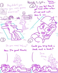 Size: 4779x6013 | Tagged: safe, artist:adorkabletwilightandfriends, derpibooru import, dumbbell, spike, twilight sparkle, twilight sparkle (alicorn), alicorn, comic:adorkable twilight and friends, adorkable, adorkable twilight, comic, cute, dork, exercise, exercise ball, exercise mat, happy, high angle, humor, image, lamp, looking at each other, looking at someone, lying down, mat, on back, perspective, png, poster, relaxing, resting, slice of life, smiling, smiling at each other, weights