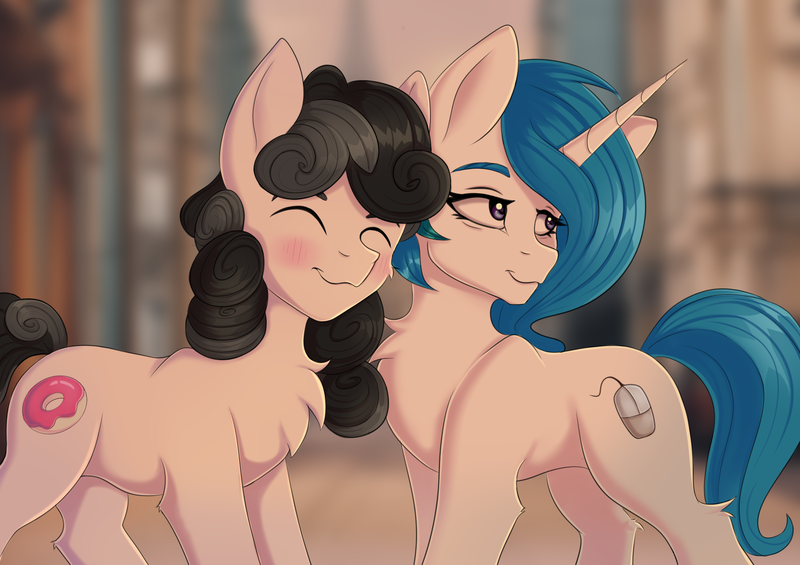 Size: 1820x1286 | Tagged: safe, artist:tanatos, derpibooru import, oc, oc:compushka, oc:pon-pushka, unofficial characters only, earth pony, pony, unicorn, blushing, chest fluff, compon-pushka, duo, eyes closed, female, horn, image, male, mare, nuzzling, oc x oc, png, pon-pushka, pony oc, shipping, stallion, straight, unicorn oc