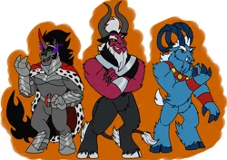 Size: 1414x1000 | Tagged: safe, derpibooru import, grogar, king sombra, lord tirek, minotaur, pony, sheep, umbrum, unicorn, evil grin, gauntlet, grin, image, male, nose piercing, piercing, png, ram, smiling, smirk, stallion