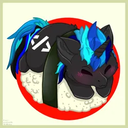 Size: 2620x2620 | Tagged: safe, artist:akirathewolf06, derpibooru import, oc, oc:source code, unofficial characters only, pony, unicorn, blushing, cute, eyes closed, female, food, horn, image, mare, png, rice, signature, sushi, unicorn oc