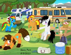 Size: 10000x7737 | Tagged: safe, artist:creedyboy124, derpibooru import, oc, oc:ej, oc:firey ratchet, oc:gregory griffin, oc:shane park, oc:shield wing, unofficial characters only, alicorn, pegasus, pony, backpack, bag, basket, colored wings, cooler, date, drink, food, fox tail, image, lantern, male, mobile phone, mountain, multicolored wings, phone, picnic, png, rv, show accurate, signature, suitcase, table, tail, tree, vehicle, wings