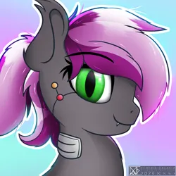 Size: 1914x1914 | Tagged: safe, artist:etheria galaxia, derpibooru import, oc, oc:bitwise operator, unofficial characters only, bat pony, cyborg, pony, ear tufts, fangs, image, looking at you, png, watermark