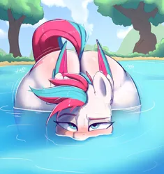 Size: 3160x3368 | Tagged: suggestive, artist:welost, derpibooru import, zipp storm, pegasus, pony, g5, bedroom eyes, blushing, butt, female, image, jiggle, jpeg, large butt, looking at you, outdoors, solo, solo female, tree, water, wiggle, zippbutt