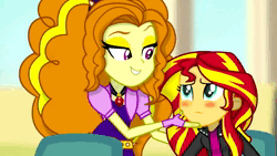 Size: 1280x720 | Tagged: safe, artist:wubcakeva, derpibooru import, machine learning assisted, adagio dazzle, sunset shimmer, equestria girls, ai content, animated, female, image, lesbian, montage, rvc, shipping, sunsagio, webm