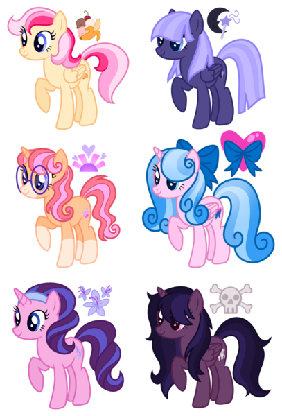 Size: 828x1222 | Tagged: safe, artist:s0ftserve, oc, oc:banana split, oc:blue ribbon, oc:crypt shade, oc:first blush, oc:hibiscus glitter, oc:starspell, alicorn, earth pony, pegasus, pony, unicorn, adoptable, base used, bow, coat markings, cutie mark, female, glasses, hairband, image, magical lesbian spawn, mare, next generation, offspring, parent:bon bon, parent:daring do, parent:fleur-de-lis, parent:pinkie pie, parent:princess cadance, parent:princess luna, parent:rainbow dash, parent:saffron masala, parent:starlight glimmer, parent:sunburst, parent:trixie, parents:cadancepie, parents:daringluna, parents:fleurburst, parents:luxie, parents:rainbon, parents:saffronglimmer, png