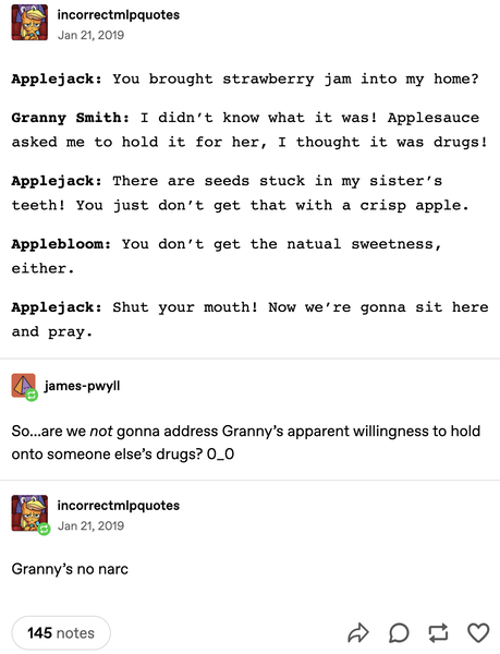 Size: 1046x1366 | Tagged: safe, derpibooru import, apple bloom, applejack, granny smith, dishonorapple, image, implied drug use, incorrect mlp quotes, no pony, png, text, text only