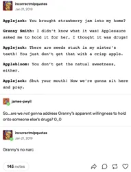 Size: 1046x1366 | Tagged: safe, derpibooru import, apple bloom, applejack, granny smith, dishonorapple, image, implied drug use, incorrect mlp quotes, no pony, png, text, text only