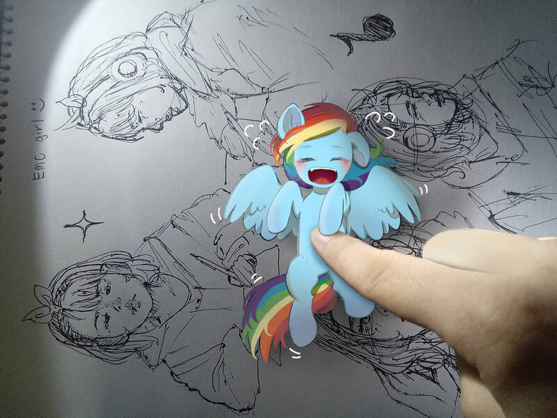 Size: 1032x774 | Tagged: safe, artist:marychristine08, derpibooru import, rainbow dash, human, pony, cute, hand, image, irl, jpeg, laughing, lying down, photo, ponies in real life, solo, tickling