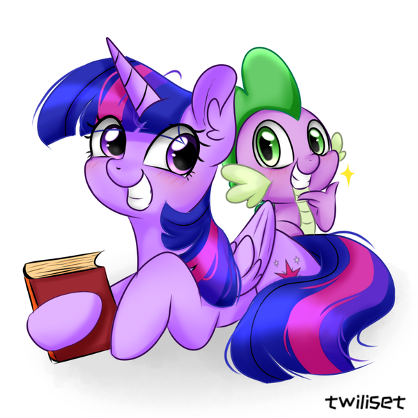 Size: 1080x1080 | Tagged: safe, artist:twiliset, derpibooru import, spike, twilight sparkle, twilight sparkle (alicorn), alicorn, dragon, pony, book, cute, gritted teeth, image, looking at each other, looking at someone, mama twilight, png, red face, simple background, sitting, smiling, spikabetes, spikelove, standing, teeth, twiabetes, white background, wings