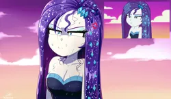 Size: 3334x1934 | Tagged: safe, artist:the-butch-x, derpibooru import, screencap, rarity, do it for the ponygram!, equestria girls, equestria girls series, the other side, spoiler:eqg series (season 2), bare shoulders, blooper, breasts, cleavage, cross-popping veins, emanata, female, image, lidded eyes, png, rarity is not amused, screencap reference, sleeveless, solo, strapless, the other side bloopers, unamused, water, wet, wet hair, wet hairity