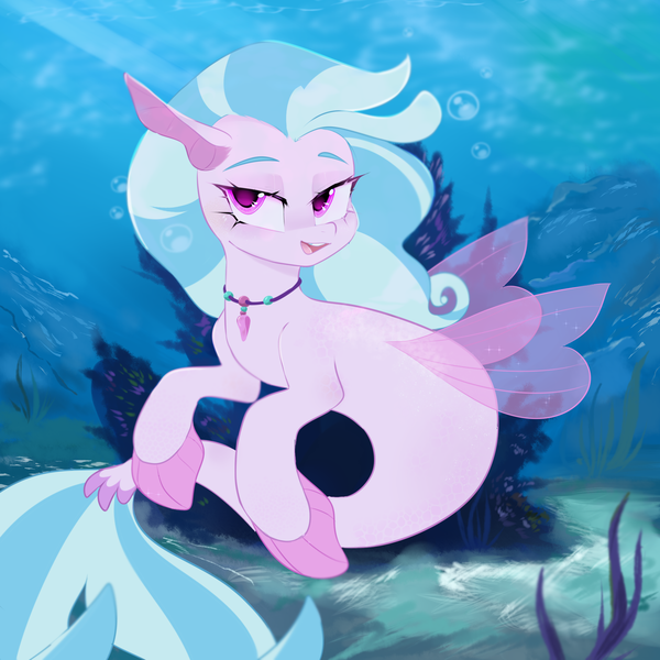 Size: 2000x2000 | Tagged: safe, artist:thieftea, derpibooru import, silverstream, fish, seapony (g4), background, blue mane, blue tail, bubble, clothes, coral, crepuscular rays, cute, digital art, dorsal fin, female, fin, fin wings, fins, fish tail, flowing mane, flowing tail, high res, image, jewelry, lidded eyes, looking at you, necklace, ocean, open mouth, open smile, pink eyes, png, scales, seapony silverstream, seaweed, see-through, smiling, smiling at you, solo, sunlight, swimming, tail, teeth, underwater, water, wings
