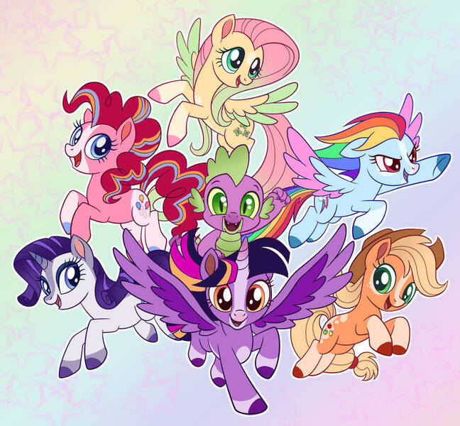 Size: 929x860 | Tagged: safe, artist:s0ftserve, applejack, fluttershy, pinkie pie, rainbow dash, rarity, spike, twilight sparkle, alicorn, dragon, earth pony, pegasus, pony, unicorn, coat markings, colored hooves, colored wings, coloring page, gradient mane, image, jpeg, mane six, rainbow background, redesign, wings