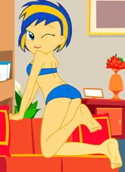 Size: 1856x2544 | Tagged: safe, artist:mlpfan3991, derpibooru import, oc, oc:flare spark, unofficial characters only, human, equestria girls, ass, barefoot, bikini, bikini bottom, butt, clothes, couch, desk, feet, female, flower, furniture, image, indoors, legs, looking at you, one eye closed, open mouth, plant, png, pose, sexy, solo, swimsuit, vase, wink, winking at you