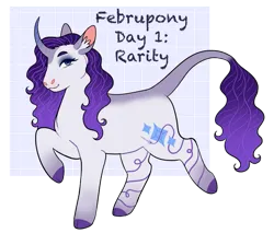 Size: 827x704 | Tagged: safe, artist:s0ftserve, rarity, pony, unicorn, alternate design, coat markings, colored hooves, curved horn, extended cutie mark, februpony, female, gradient hooves, horn, image, leonine tail, mare, png, simple background, solo, transparent background