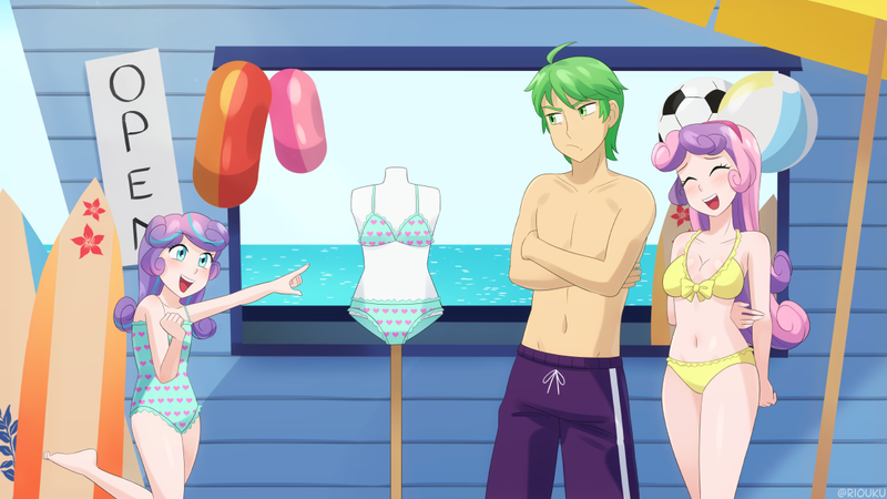 Size: 1200x675 | Tagged: safe, artist:riouku, derpibooru import, princess flurry heart, spike, sweetie belle, human, beach, bikini, clothes, commission, commissioner:vatobot17, female, humanized, image, male, older, older flurry heart, older spike, older sweetie belle, one-piece swimsuit, png, pouting, shipping, spikebelle, straight, swimsuit, uncle spike