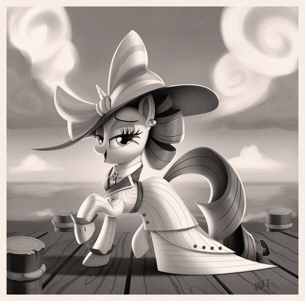 Size: 2048x2017 | Tagged: safe, alternate version, artist:brdte, derpibooru import, rarity, pony, unicorn, black and white, clothes, dock, dress, ear piercing, earring, female, grayscale, hat, image, jewelry, jpeg, lidded eyes, looking at you, mare, monochrome, ocean, open mouth, open smile, photo, piercing, raised hoof, raristocrat, rose dewitt bukater, smiling, smiling at you, solo, tail, titanic, water